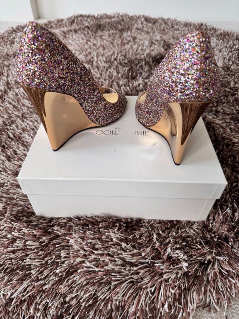 Jimmy Choo Glitter Golden Multi Wedge Pump Peep Toe Leather Women's Heels - Picture 2 of 7